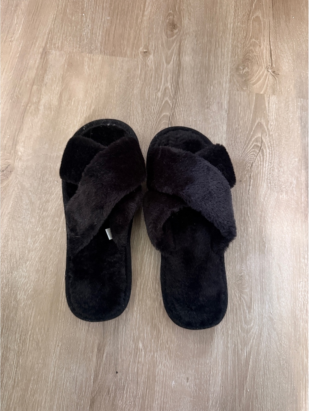 Black Plush Fuzzy Cross Strap Slide Slippers Size 10